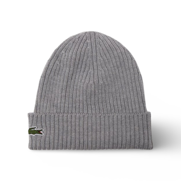 LACOSTE UNISEX RIBBED WOOL BEANIE GREY CHINE